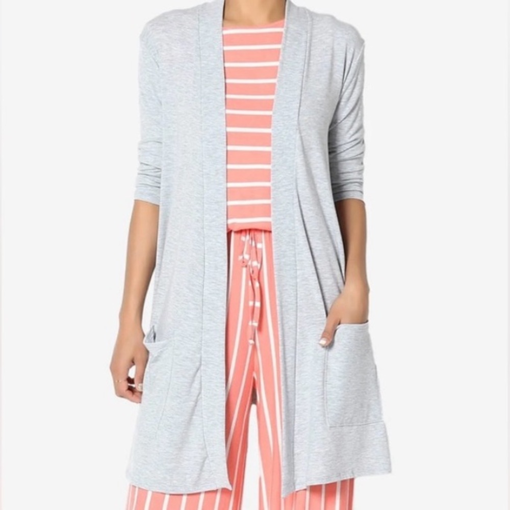 🟠NWT ZENANA Slouchy Pocket 3/4 Sleeve Lightweight Cardigan in Heather Gray